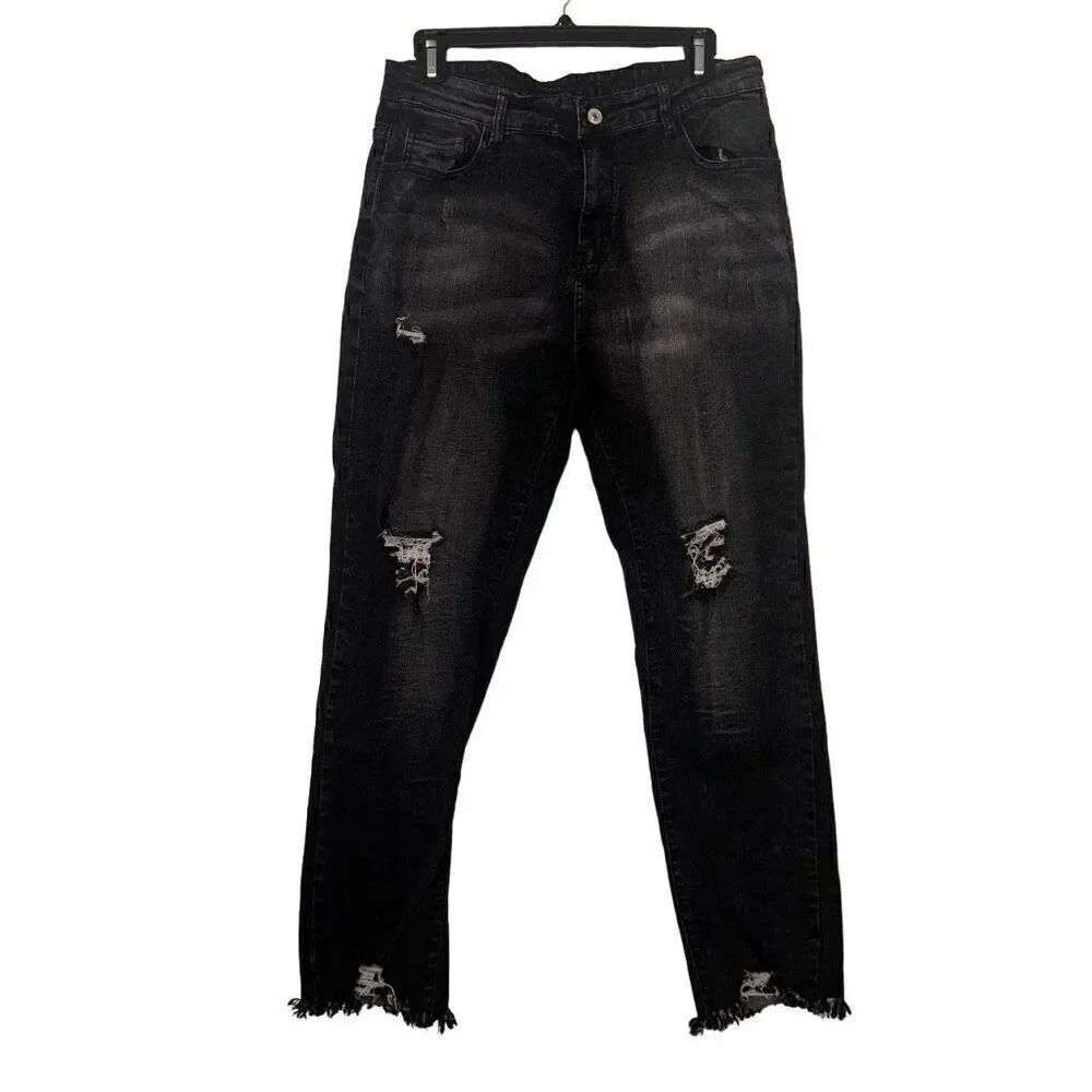 H&M Distressed Frayed Hem Straight Leg Jeans Black Denim Medium Wash Size Large